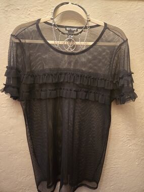 Hot Topic Sheer Black Mesh Ruffle Goth Coquette Fairy Grunge Layering Tee